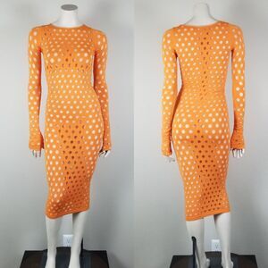 Maisie Wilen Orange Laser-Cut Perforated Orange Midi Bodycon Dress One Size